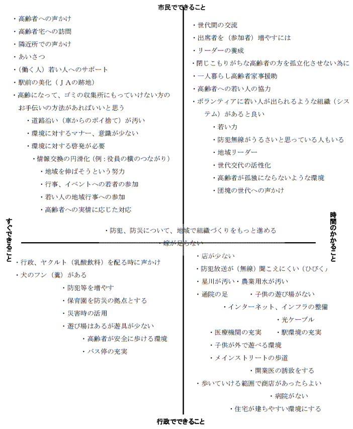 （２）課題の軸分け （地域の課題を2 軸「市民･行政/すぐできる･時間がかかる」に分けて分類）