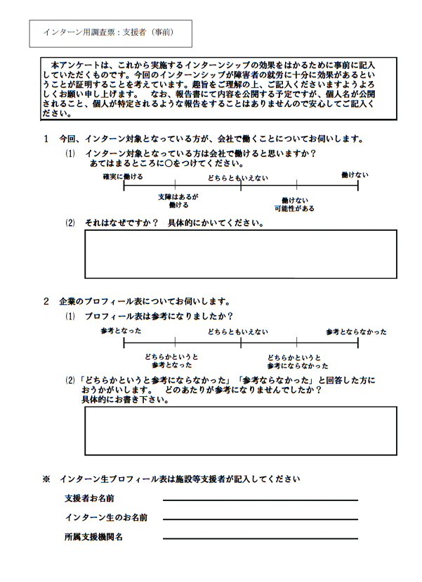 インターン用調査票：支援者（事前）