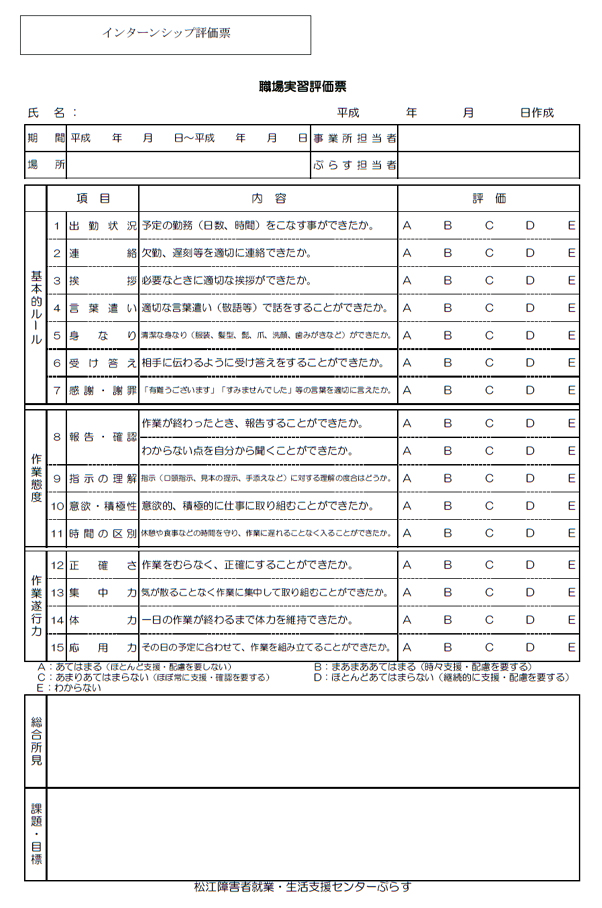 インターンシップ　評価表