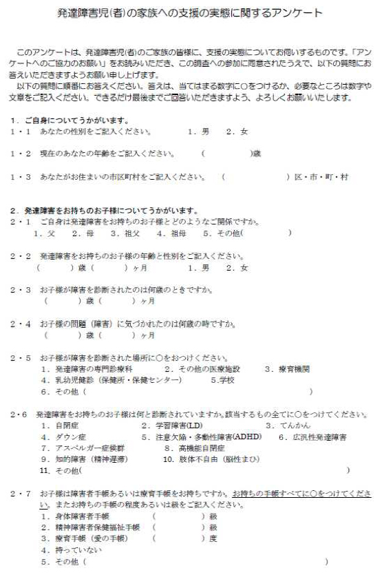 発達障害児(者)の家族への支援の実態に関するアンケート 1ページ