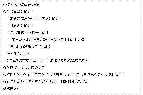 ①スタッフの自己紹介②社会資源の紹介　・調査対象病院のデイケアの紹介　・作業所の紹介　・生活支援センターの紹介　・「ホームヘルパーさんがやってきた」【紹介VTR】　・生活訓練施設って？【劇】　～休憩10分～　(作業所の方からコーヒーとお菓子が振る舞われた)③院内プログラムについて④退院してみてどうですか？【地域生活移行した患者さんへのインタビュー】⑤どうしたら退院できるのですか？【精神科医のお話】⑥質問タイム