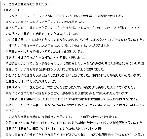テキスト ボックスＱ: 感想やご意見をおかきください。【病院職員】・インタビューが少し長かったようにも思いますが、皆さんの生活ぶりが想像できました。・スタッフの皆さん大変だったと思います。お疲れ様でした。・皆さん不安をかかえていると思いますが、色々な協力で前向きに生活していることを聞いて、ヘルパーの立場でより共感して活動できるような気がしました。・少し時間が長く、中には寝てらっしゃる方もいたので、もう少しコンパクトにしてもいいと思いました。・主催側として参加させていただきましたが、楽しく参加することができました。　入院患者さんにとって役に立てていただければ嬉しいです。・体験談、複数名の方が色々な情報が入って良いと思いました。・時間が長くつかれている人が多かったように感じました。一番効果がありそうな体験談にもう少し時間をさいて、いつでもできる説明はシンプルにしてもよいように思いました・ひとつひとつの話をもう少し短くしたほうがよいと感じました。事前の打合せが足りないと思います。・患者さんの様子にあった資源も伝えたい。・体験談やヘルパーさんとのビデオがとてもよかったです。時間が少し長かったように思いました。・実際に退院された方々の話を伺うことで、患者様もより退院が身近に感じられたと思います・PT(=患者の意)も興味をもった様子でこれでENT(=退院の意)に向け意識してもらえればいいと思う。・継続していくことが大事　・他施設の方の話がきけてよかったです。患者さんには2時間50分は長かったと思います。・このような活動を定期的に行えば良いと思います。　　・何回も継続して行いたい。・入院患者さんに直接働きかけることのできるこのような活動を継続していくことが重要だと思いました・体験談と体験者との質問がやりとりできるような会があってもよいと思う。・実際に患者様が興味を持たれた作業所やサービスのより詳しい内容の説明があってもいいのではと思いました・退院支援、服薬指導、自立に向けての援助　・病棟内で統一意識を持ってＰＴへ関っていく