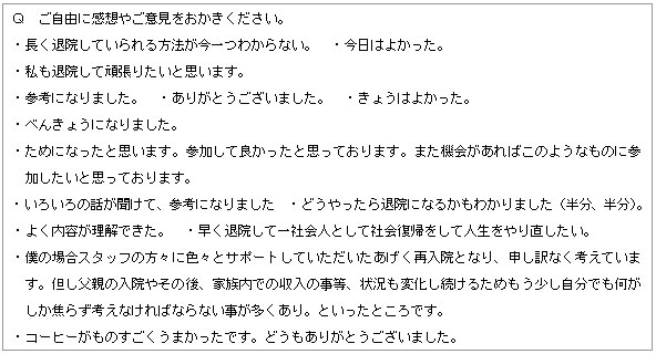 テキスト ボックス: Ｑ　ご自由に感想やご意見をおかきください。・長く退院していられる方法が今一つわからない。　・今日はよかった。・私も退院して頑張りたいと思います。・参考になりました。　・ありがとうございました。　・きょうはよかった。・べんきょうになりました。・ためになったと思います。参加して良かったと思っております。また機会があればこのようなものに参加したいと思っております。・いろいろの話が聞けて、参考になりました　・どうやったら退院になるかもわかりました（半分、半分）。・よく内容が理解できた。　・早く退院して一社会人として社会復帰をして人生をやり直したい。・僕の場合スタッフの方々に色々とサポートしていただいたあげく再入院となり、申し訳なく考えています。但し父親の入院やその後、家族内での収入の事等、状況も変化し続けるためもう少し自分でも何がしか焦らず考えなければならない事が多くあり。といったところです。・コーヒーがものすごくうまかったです。どうもありがとうございました。・おはなしをきいていて中学校の授業のようでなんとなく、ノスタルジックな気分にトウスイしてしまいました。・退院してやっていくのは大変みたいですけど、幸せそうなのでなんとか退院してやってみたいと思いました。