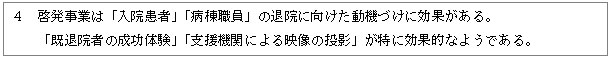 テキスト ボックス: ４　啓発事業は「入院患者」「病棟職員」の退院に向けた動機づけに効果がある。「既退院者の成功体験」「支援機関による映像の投影」が特に効果的なようである。
