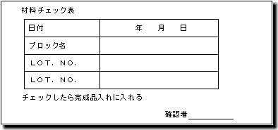 日付 年 月 日 ブロック名 空欄 ＬＯＴ．ＮＯ． 空欄 ＬＯＴ．ＮＯ． 空欄 チェックしたら完成品入れに入れる 確認者 空欄