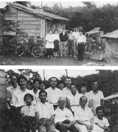 上は鶏小屋改造の日本リハビリテーション協会。下は協会初期のメンバー。
