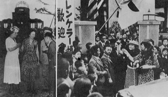 来日したヘレン・ケラー。左の写真は広島原爆ドームの前に立つヘレン・ケラー。