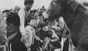 友だちとの外出で動物とのふれ合いを楽しむ養護学校の子どもたち。