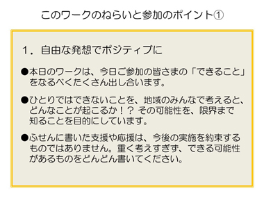 「できることもちよりワークショップ」の概要説明：スライド４