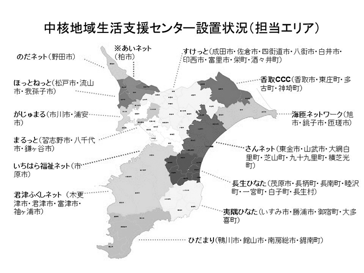 図　中核地域生活支援センター設置状況（担当エリア）