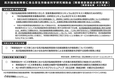 高次脳機能障害に係る厚生労働省科学研究補助金（障害者政策総合研究事業）