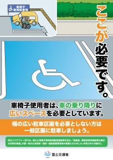 国土交通省の車椅子専用駐車場に関する啓発ポスター。「車椅子使用者は、車の乗り降りに広いスペースを必要としています」と掲げ、幅の広い区画を必要としない方には一般区画への駐車を呼びかけている。