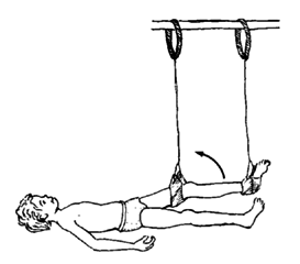 The child does exercises lying on his back and swinging his leg outward.