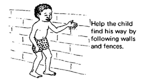 Help the child find this way by following walls and fences.