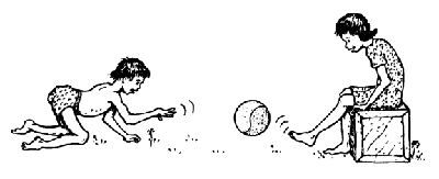 A boy with cerebral palsy rolls a ball so that a girl with juvenile arthrits can kick it.
