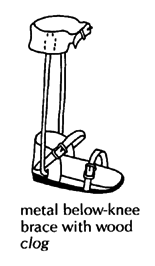 metal below-knee brace with wood clog