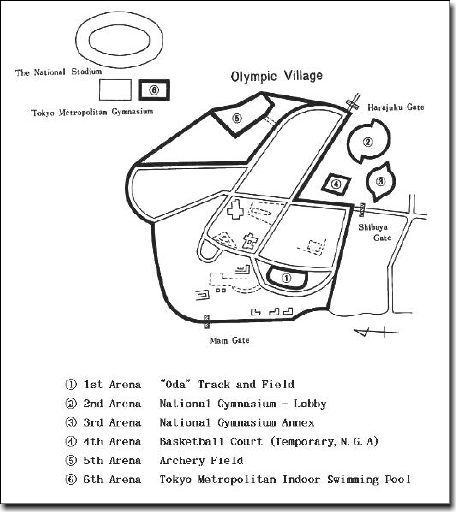 Guide Map of Sports Arena : 1st Arena is Oda Track and Field, 2nd Arena is National Gymnasium - Lobby, 3rd Arena is National Gymnasium Annex, 4th Arena is Baseketball Count (Temporary,N.G.A), 5th Arena is Archery Field and 6th Arena is Tokyo Metrop